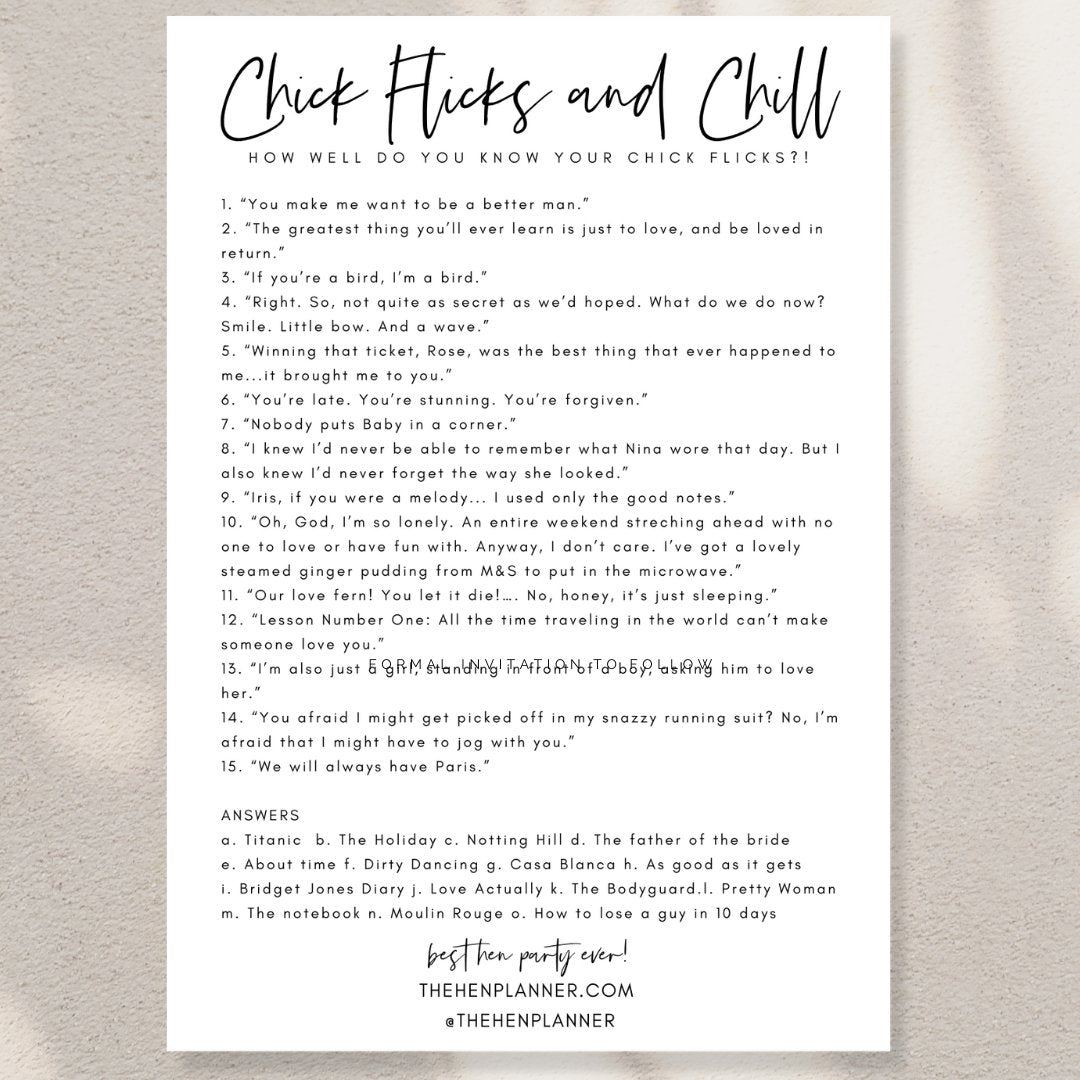 Chick Flicks Hen Party Printable Game - The Hen Planner