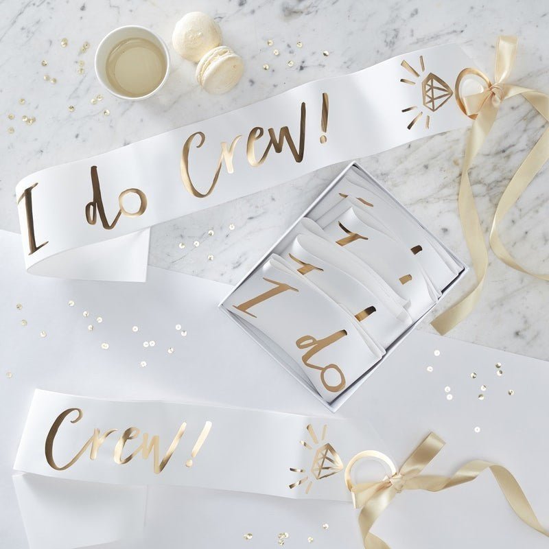 White & Gold Foiled I Do Crew Sash (Pack of 6) - The Hen Planner