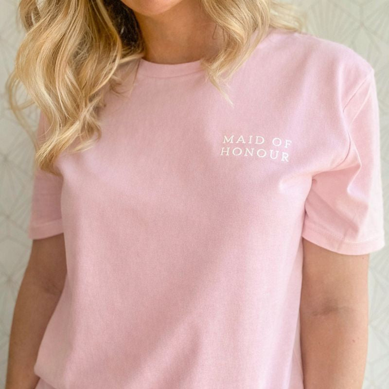 Maid of Honour Embroidered T-Shirt | Cotton Pink Bridal Party Tee