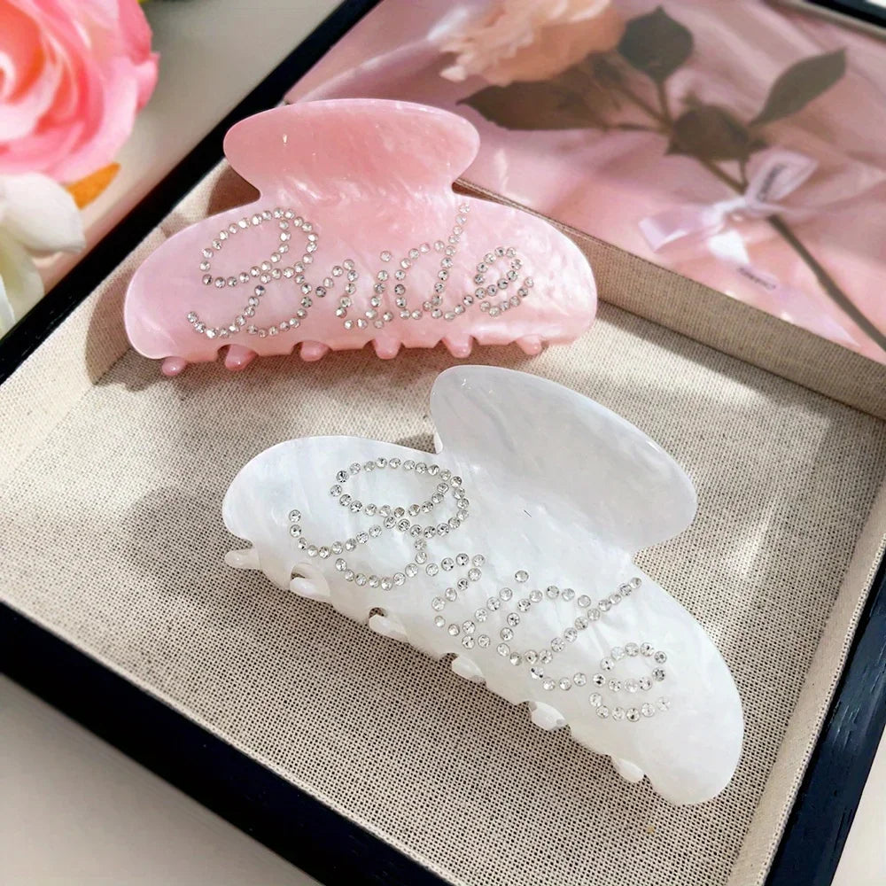 Bride Rhinestone Hair Claw Clip – Elegant Bridal Hair Accessory (White or Pink)