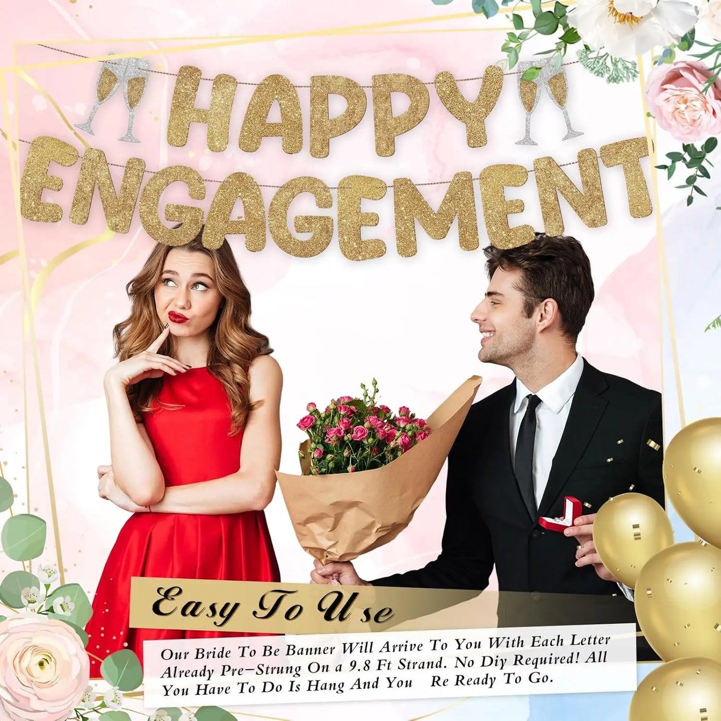 Happy Engagement Banner – Gold or Rose Gold or Silver (or 3-Pack Mix)