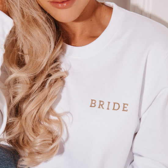 Embroidered Bride to Be Jumper in Gold & White - The Hen Planner