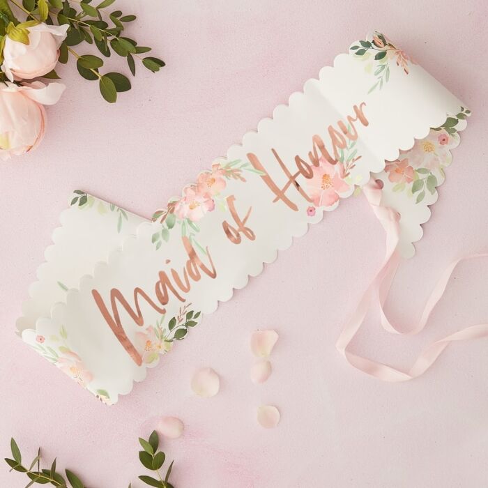 Rose Gold Floral Maid of Honour Sash - The Hen Planner
