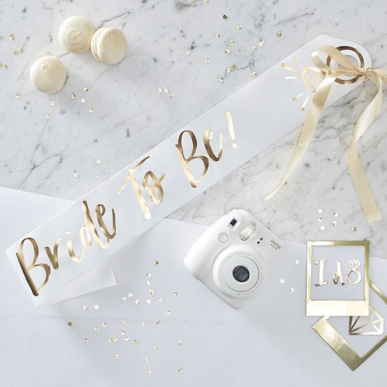 White and Gold Bride To Be Sash - The Hen Planner