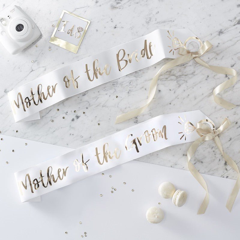 Load image into Gallery viewer, White and Gold Mother of the Bride and Groom Hen Party Sash - The Hen Planner
