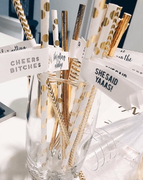 White and Gold Straws with Hen Party Flags - The Hen Planner