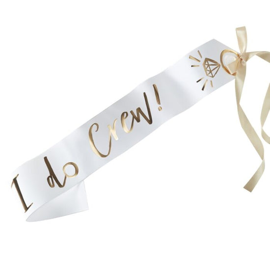 Load image into Gallery viewer, White &amp;amp; Gold Foiled I Do Crew Sash (Pack of 6) - The Hen Planner
