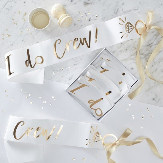 Load image into Gallery viewer, White &amp;amp; Gold Foiled I Do Crew Sash (Pack of 6) - The Hen Planner
