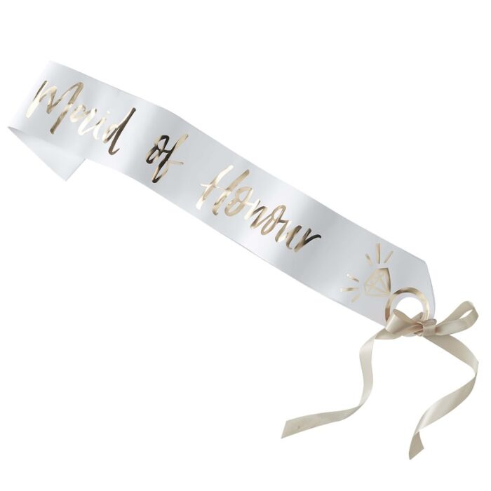 White & Gold Maid of Honour Sash - The Hen Planner