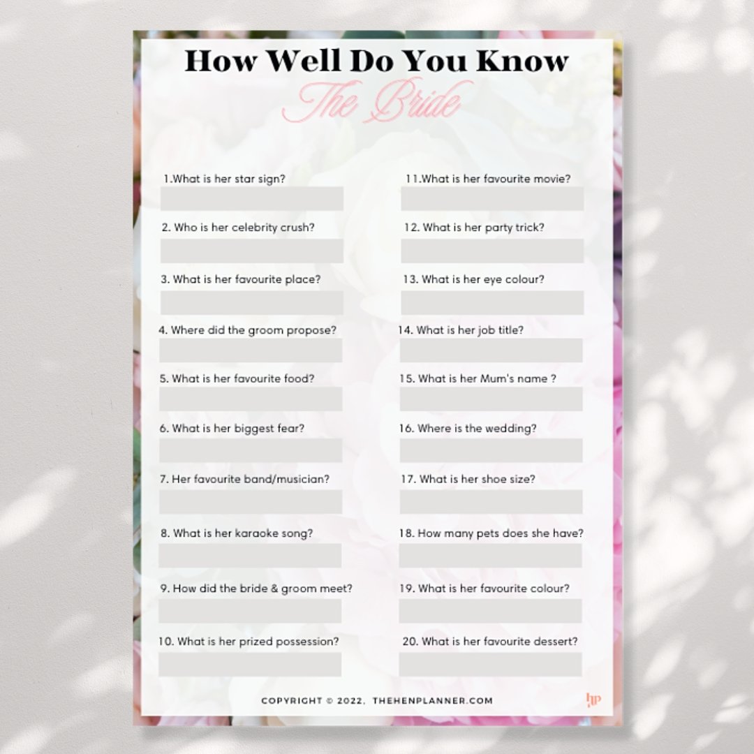 Who Knows The Bride Best? Printable Bridal Shower Game - The Hen Planner